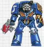 Terminator Armour (AKA Tactical Dreadnaught Armour) in Ultramarines livery, with a Power Fist and Storm Bolter