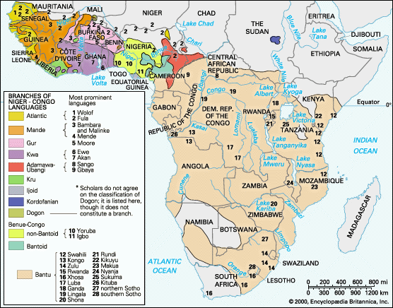 Map of the Niger-Congo Languages - the third largest language phylum by number of speakers today, after Indo-European (e.g. English, Greek, Russian, Hindi) and Sino-Tibetan (e.g. Mandarin, Cantonese, Tibetan, Burmese) .
