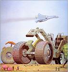 Mahoosive wheeled vehicles, with a spaceliner flying plast in the background. Yep, it's the future.