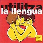 Two yellow people of ambiguous gender making out under a Catalan sentence which means "Utilise the language".
