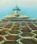 A sea city with floating agricultural units in the foreground